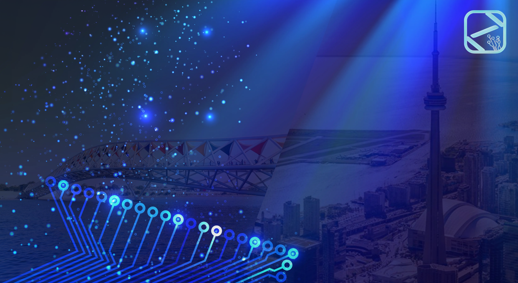 A split-screen visual: one side showing the Ahmedabad skyline (with the Atal Bridge) and the other side a modern Canadian tech hub (like Toronto), connected by digital data streams.
