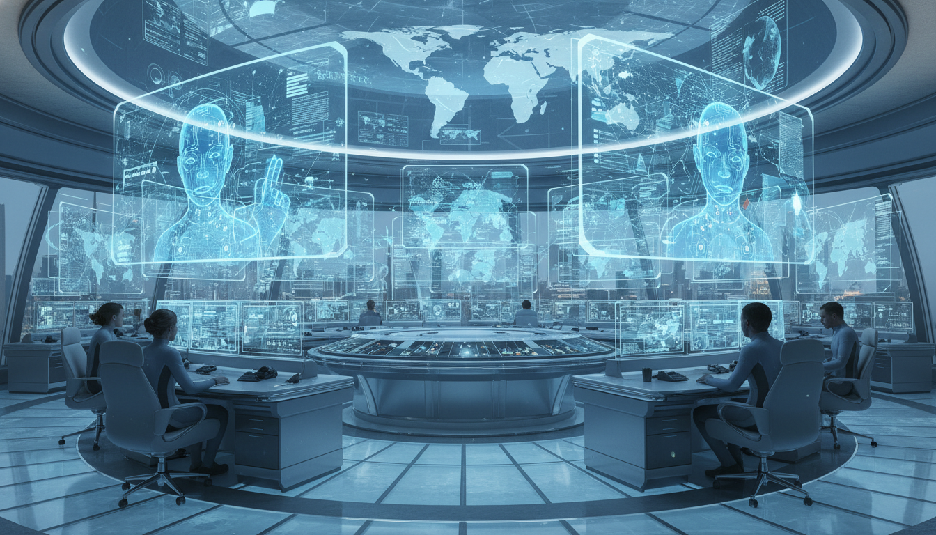 Futuristic enterprise command center with AI agents and holographic data.