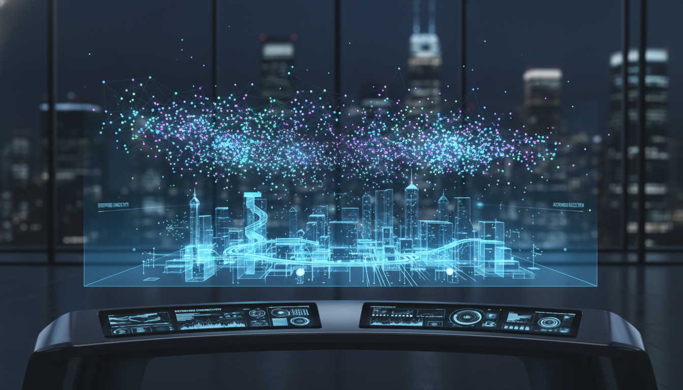 Futuristic visualization of Agentic AI and multi-agent collaboration in an enterprise setting.